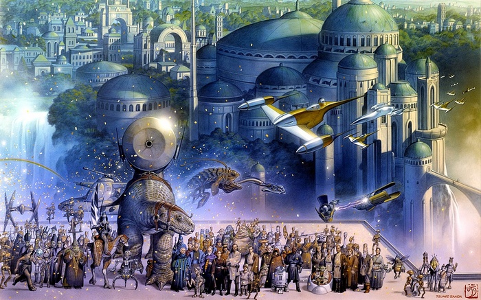 Star Wars characters and vehicles in front of Theed Palace