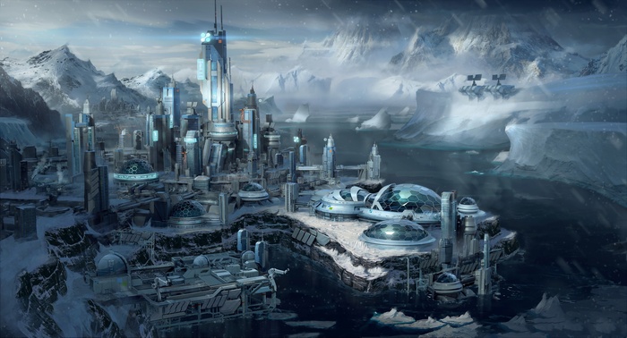 Star Citizen science fiction city in a frozen landscape