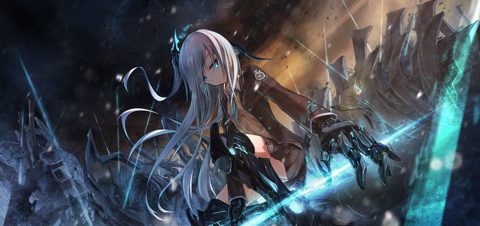 Anime girl with white hair and blue eyes in a dark setting