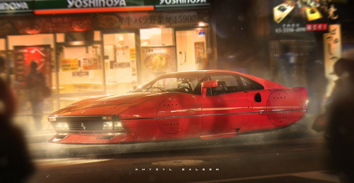 Red Ferrari flying car in a Japanese city at night