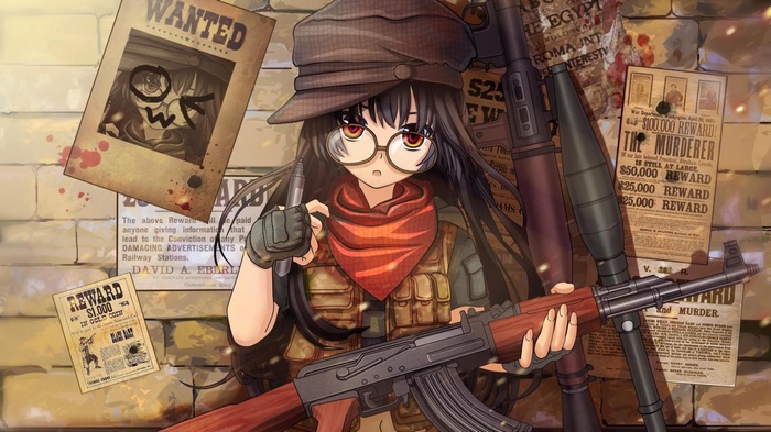 anime, original characters, AK-47, glasses, anime girls, weapon, gun, rifles, gloves