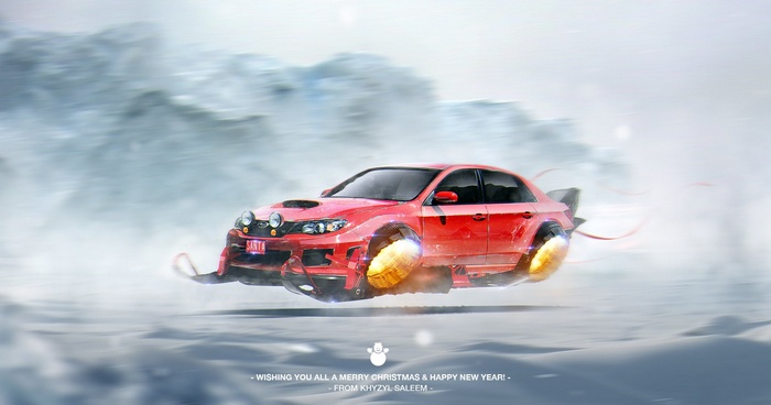 Red Subaru Impreza with Santa Plate