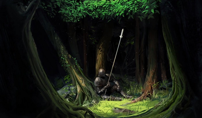 Knight in armor with spear in a dark forest