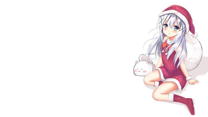 Kafuu Chino in a Christmas outfit with a Santa bag and cat