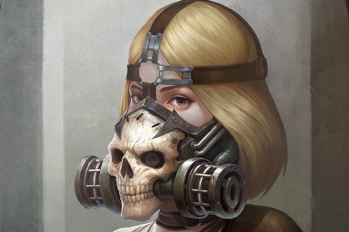 Woman wearing a skull gas mask and headpiece