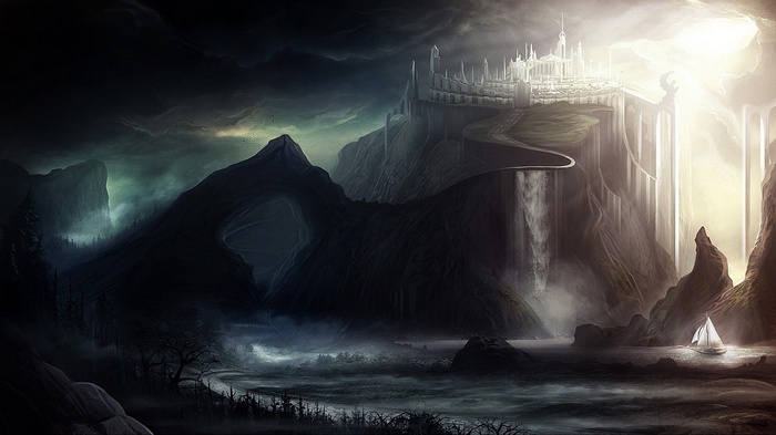 Fantasy castle on a cliff with a sailboat