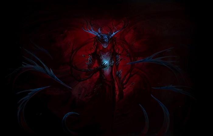 Fantasy art of a creature with antlers and glowing orb