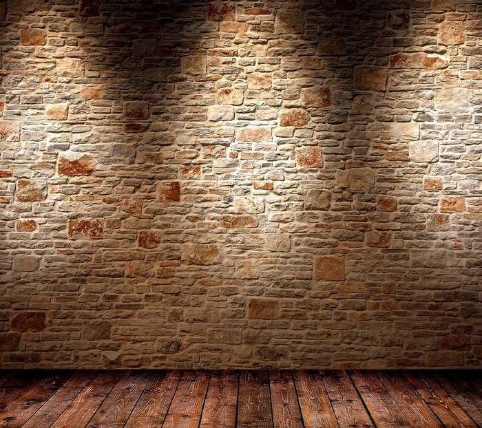 Stone wall and wooden floor with spotlights