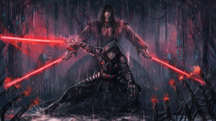 Star Wars Sith Lords with Red Lightsabers in Rain