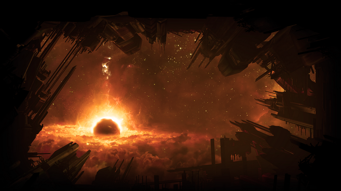Mass Effect 2 space scene with explosion and debris