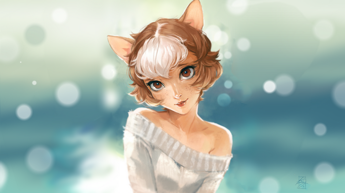 Anime cat girl with freckles wearing a white sweater