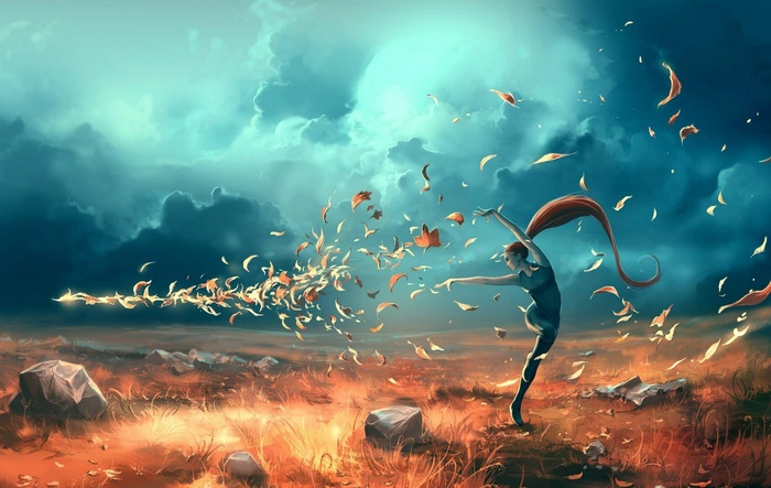 Fantasy art of a woman dancing with leaves