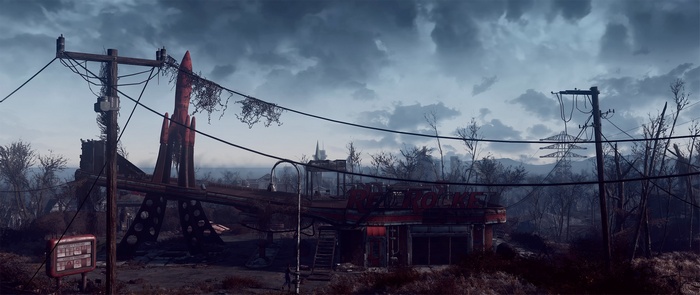 Fallout 4: Post-apocalyptic landscape with rocket and diner