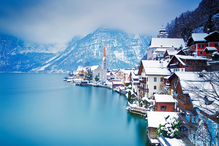 Hallstatt village on a lake in winter