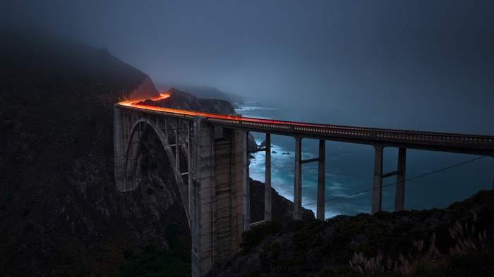 Bixby Bridge in fog with light trails