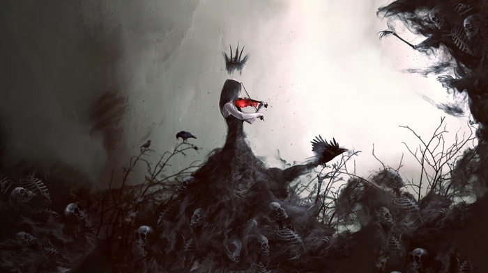 Dark Queen plays violin amidst skeletons and crows