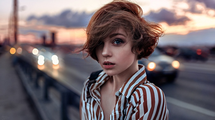 portrait, Georgy Chernyadyev, women, blue eyes, shirt, windy, Olya Pushkina, short hair