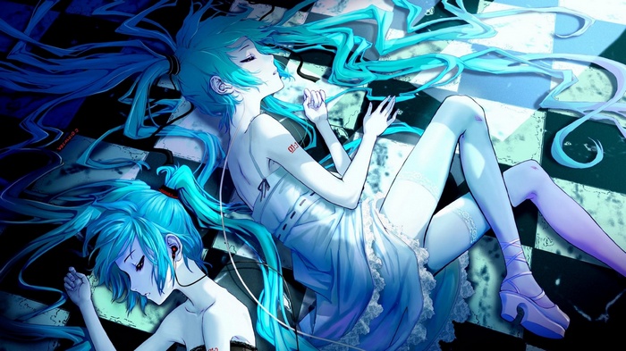 Hatsune Miku and another Vocaloid character lying down