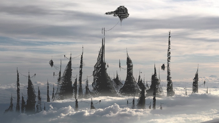 Fantasy city in the clouds with a spaceship