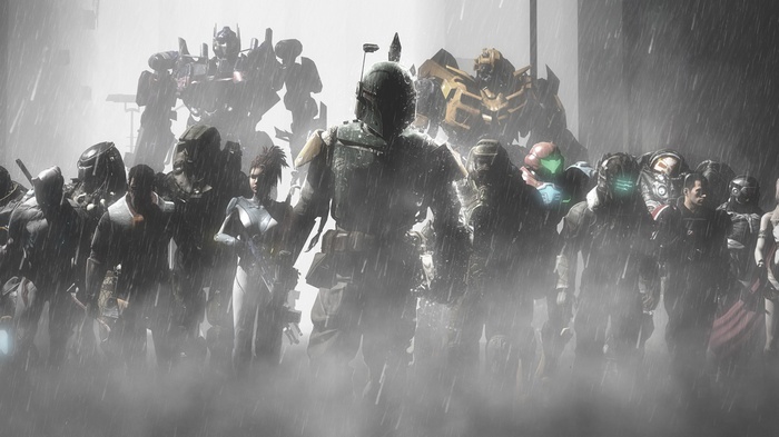 Boba Fett, Optimus Prime, and other characters in the rain
