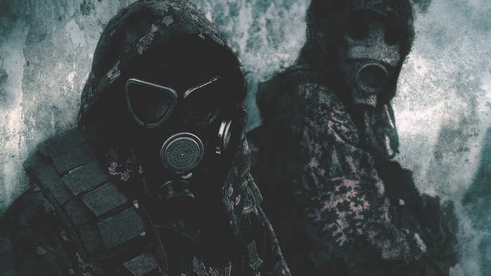 Two figures in gas masks and camouflage