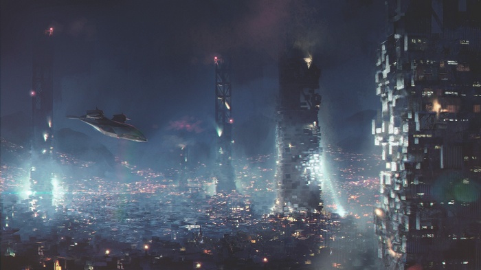 Futuristic city with flying vehicle at night