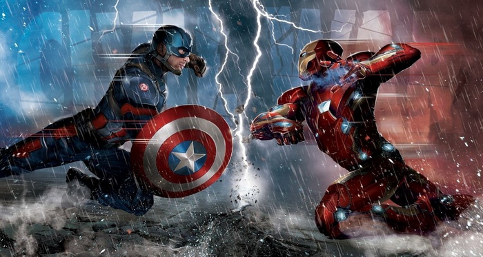 Captain America and Iron Man fighting in the rain