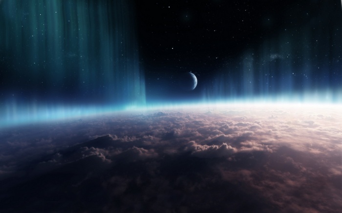 Aurora Borealis over a planet with a moon