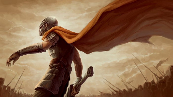 Guts from Berserk with a large orange cape