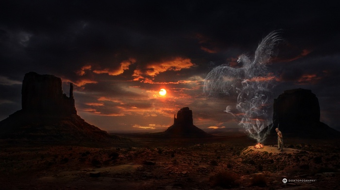 Phoenix rising from a campfire in Monument Valley at sunset