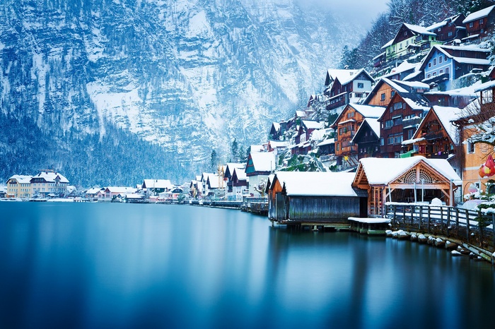 lake, water, urban, winter, snow, photography, Austria, house, nature, Hallstatt, mountains, landscape