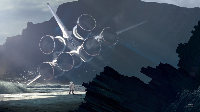 Astronaut on a beach with a space shuttle