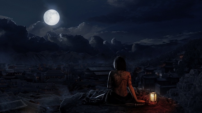 Woman with tattoo overlooking a city at night under the moon
