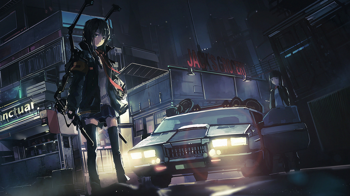 Anime girls and police car in a dark city