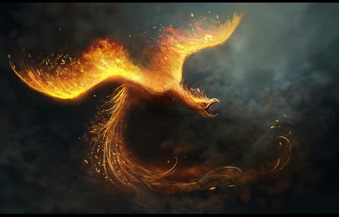 A phoenix made of fire in a dark sky