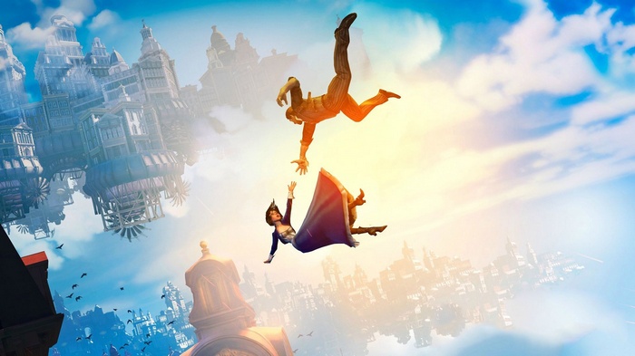 Booker DeWitt and Elizabeth falling in Columbia