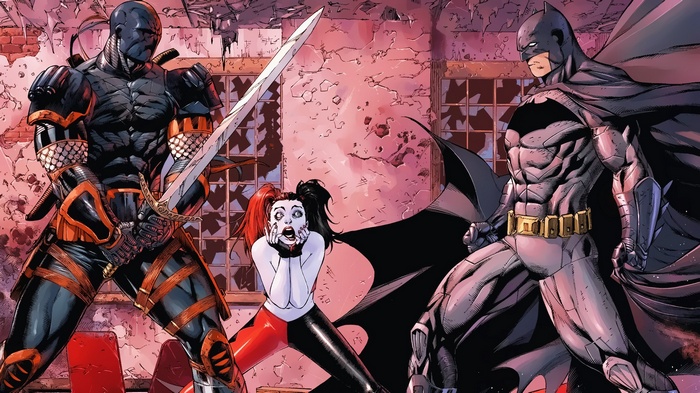 Deathstroke, Batman, and Harley Quinn in a ruined building
