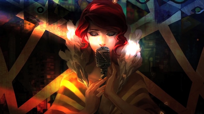 Red from Transistor singing into a microphone