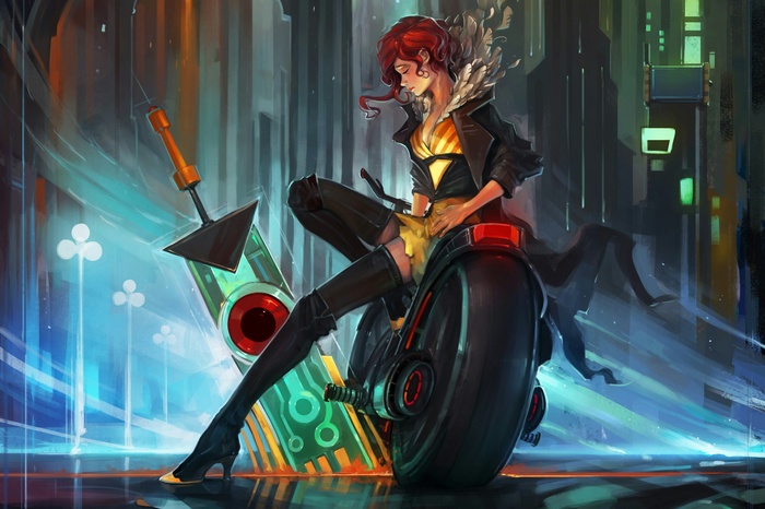 Red from Transistor sitting on a motorcycle