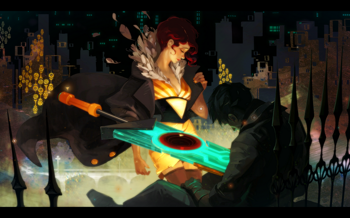 Red and a man with a Transistor weapon