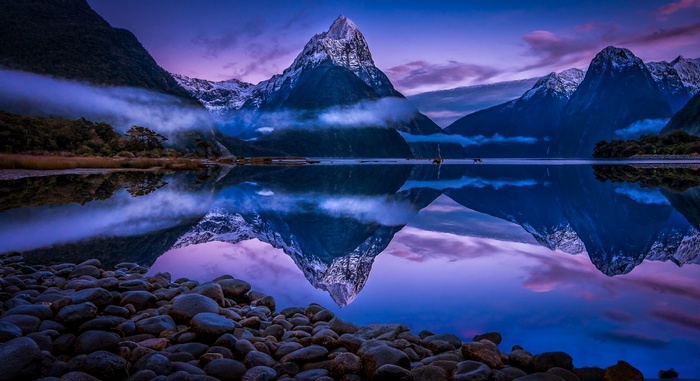 landscape, fjord, mist, nature, morning, water, New Zealand, Milford Sound, clouds, snowy peak, blue, mountains, reflection