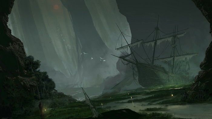 ship, abandoned, artwork, fantasy art, sinking ships, sailing ship, swamp
