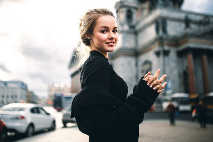 Woman in black jacket in St. Petersburg