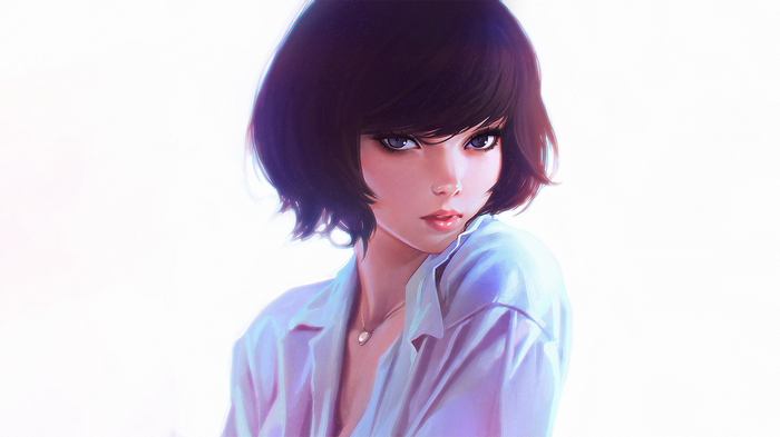 open mouth, white shirt, short hair, open shirt, artwork, Ilya Kuvshinov, dark hair