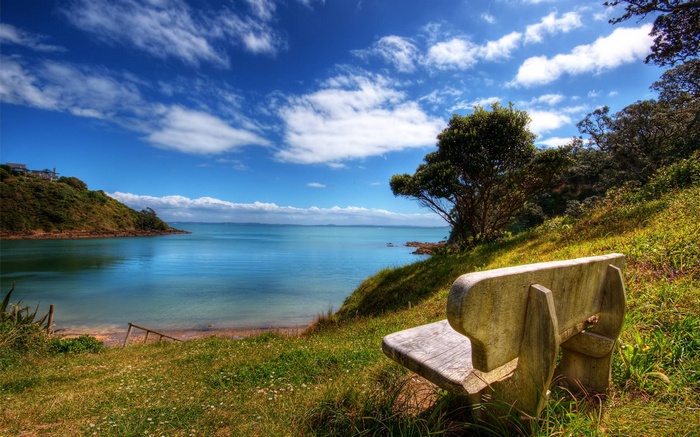 Bench overlooking a bay with blue sky and clouds