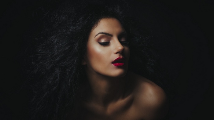 black hair, portrait, face, open mouth, eyeliner, makeup, model, red lipstick, women, wavy hair, bare shoulders