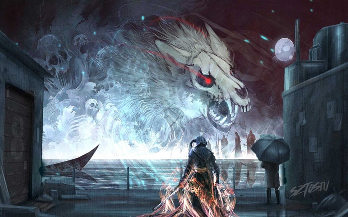 Ghostly wolf skull creature over a city