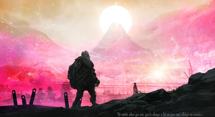 Journey game character with mountains and quote