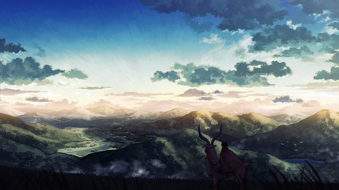Ashitaka riding Yakuru through a mountainous landscape