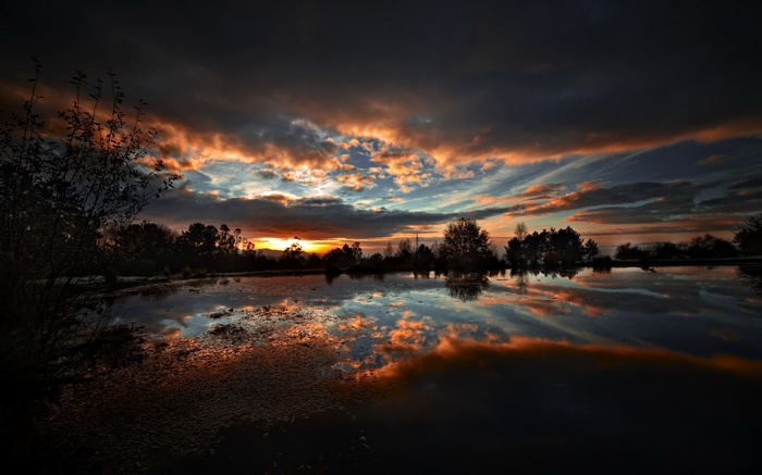 Sunset over a reflective body of water with trees